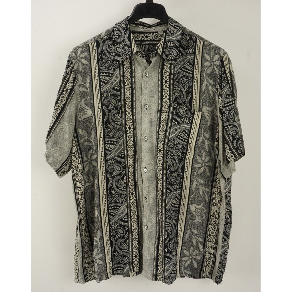 Vintage D'Avila Men's 1XB White Black Paisley Floral Rayon Hawaiian Camp Shirt